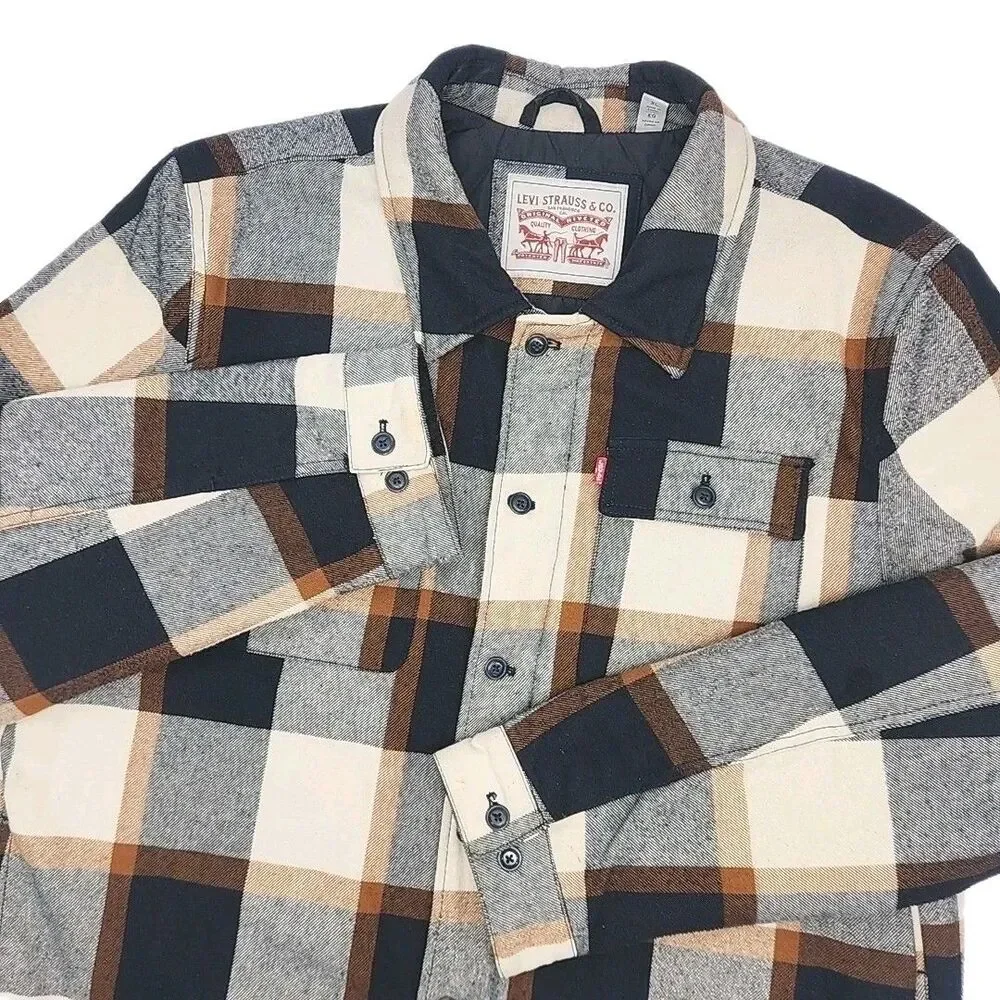 Levi Strauss Jacket Coat Quilt Lined Men Sz XL Zip Button Blue Tan Plaid Pockets